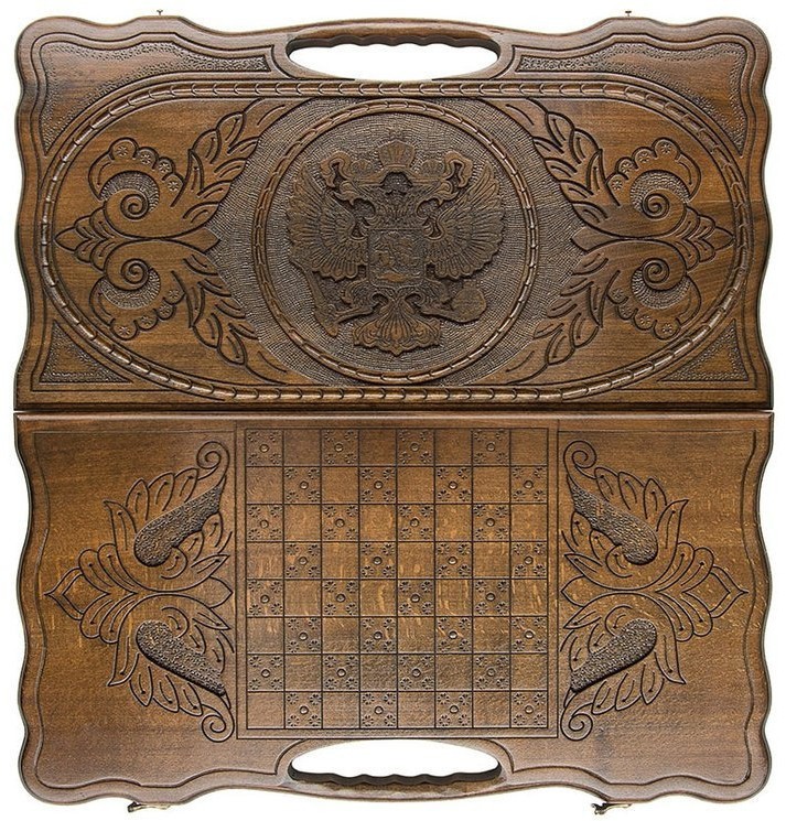 Нарды резные "Герб РФ 2" с ручкой 60, Haleyan